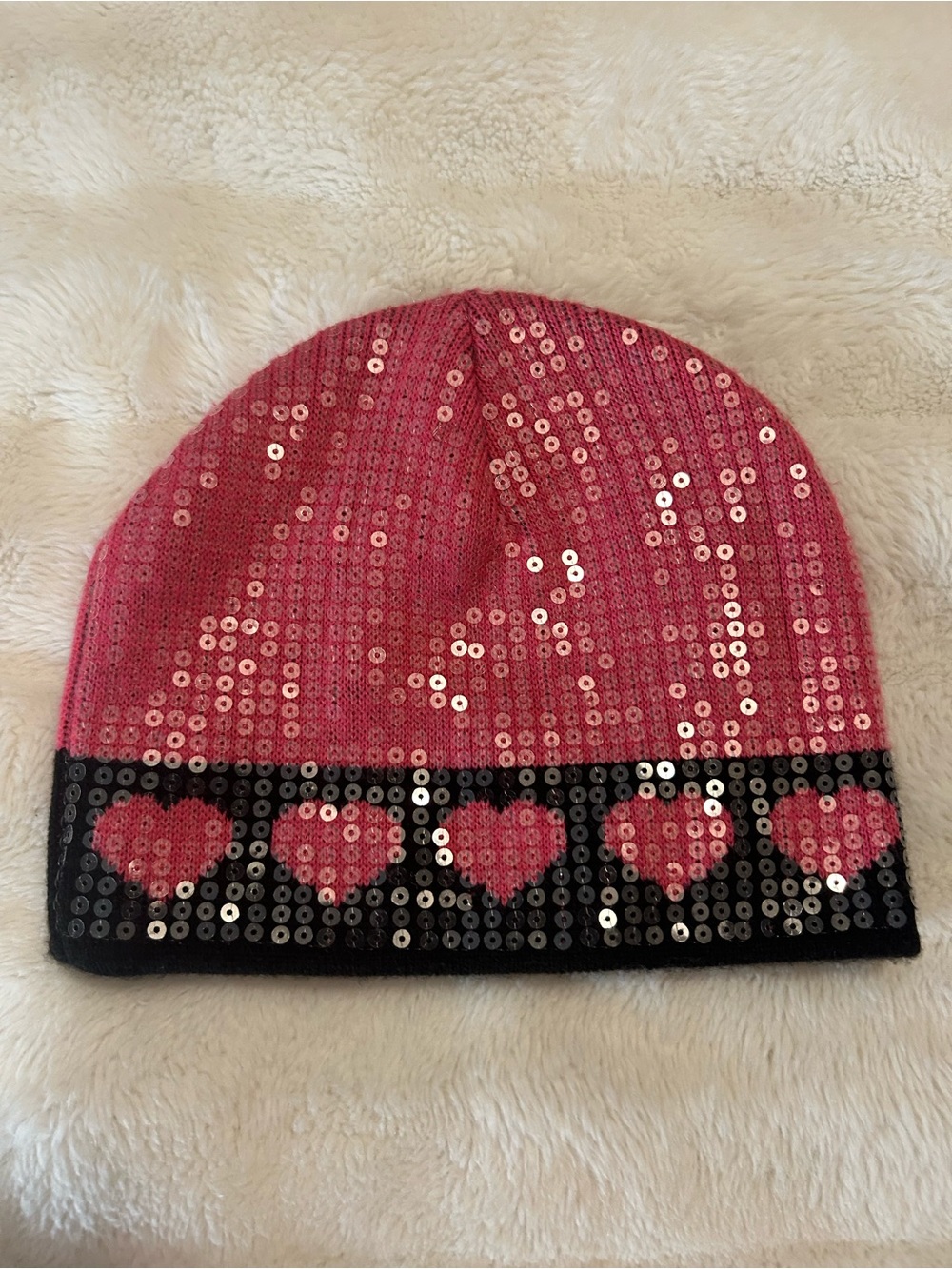 Pink Sequin Heart Knit Hat